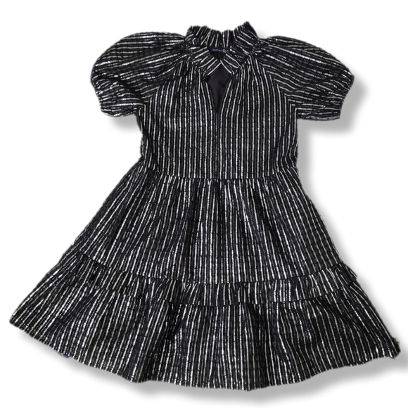 Duffield Lane Black Metallic Stripes Tiered Puff Sleeve Whimsygoth Holiday Dress - Picture 4 of 13